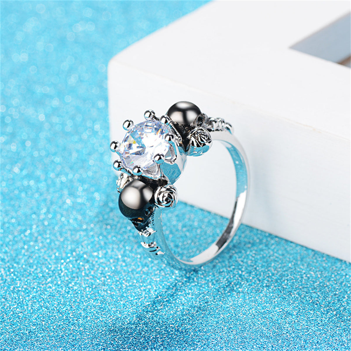 Clear Crystal and Silver-Plated Skull Rose Ring, silver statement rings for women, elegant gift for her, lifestyle look