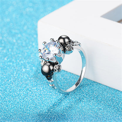 Clear Crystal and Silver-Plated Skull Rose Ring, silver statement rings for women, elegant gift for her, lifestyle look