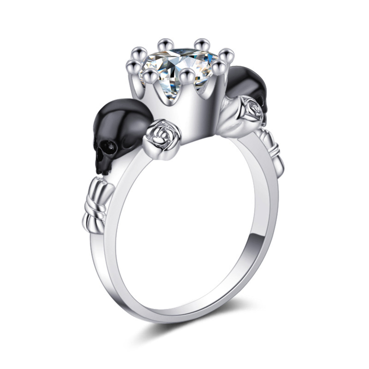 Clear Crystal and Silver-Plated Skull Rose Ring, silver statement rings for women, elegant gift for her, side view