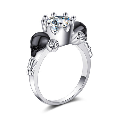 Clear Crystal and Silver-Plated Skull Rose Ring, silver statement rings for women, elegant gift for her, side view