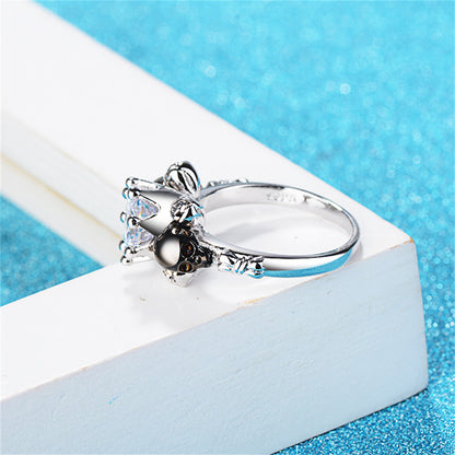Clear Crystal and Silver-Plated Skull Rose Ring, silver statement rings for women, elegant gift for her, detail close-up