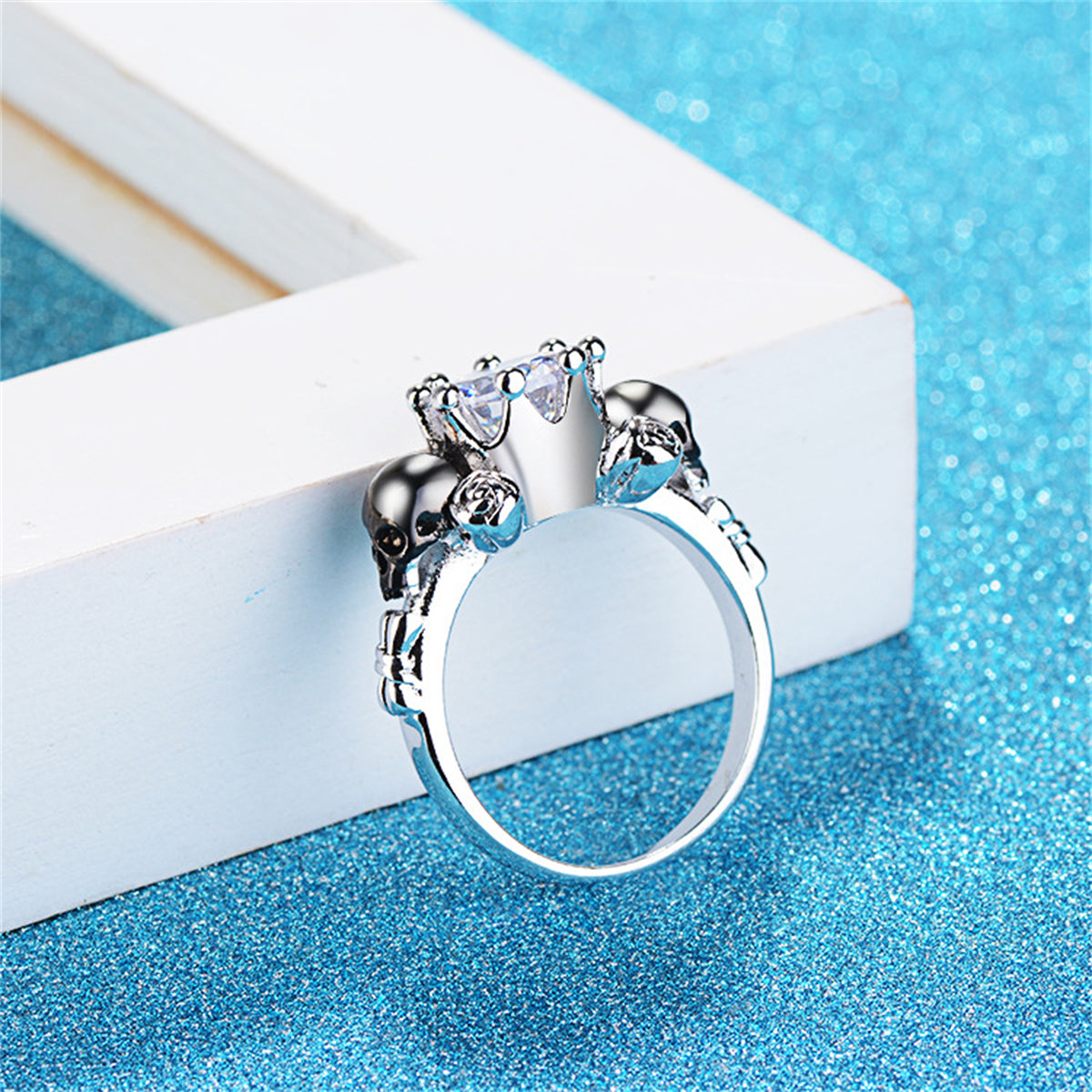 Clear Crystal and Silver-Plated Skull Rose Ring, silver statement rings for women, elegant gift for her, styled look