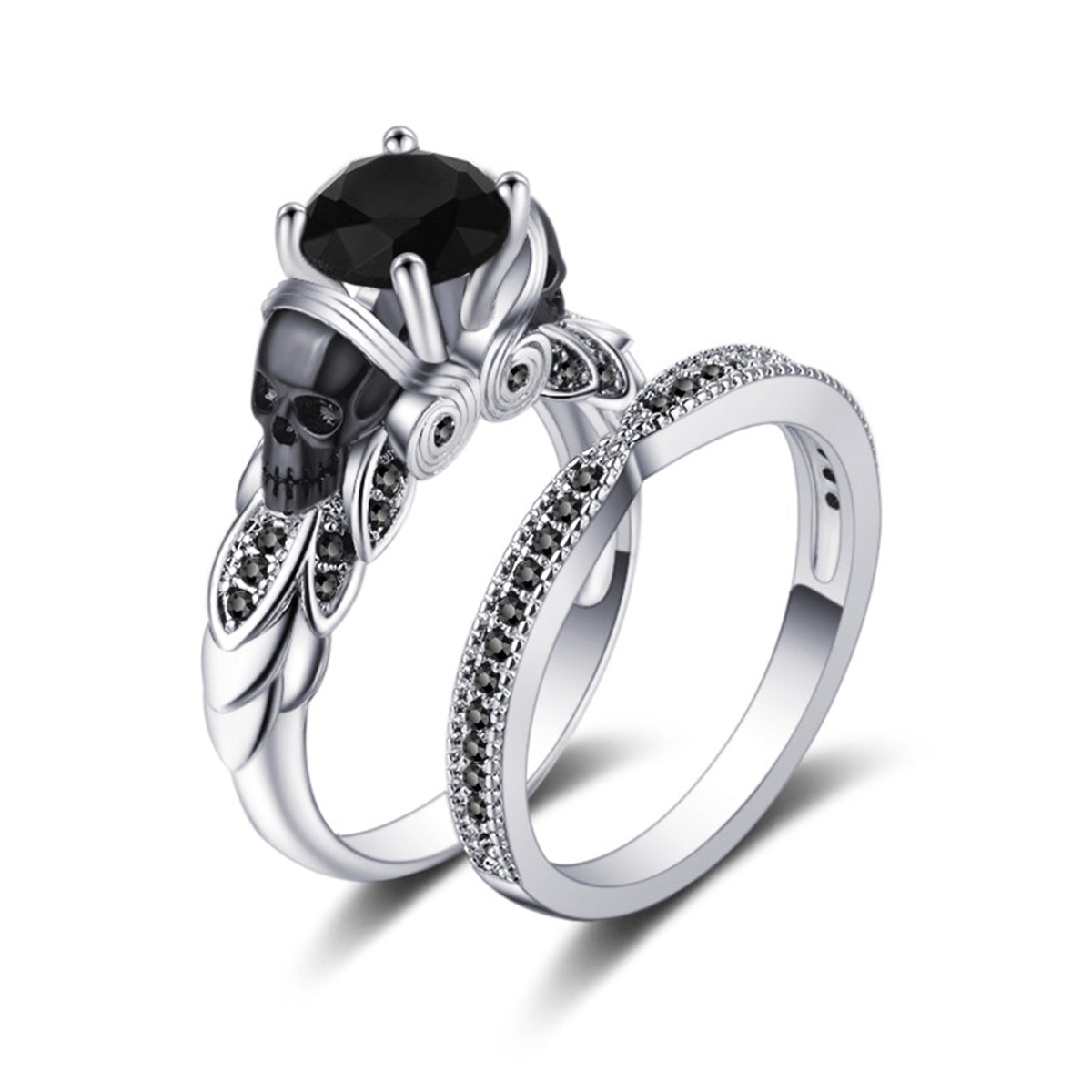 Black Crystal and Cubic Zirconia Skull Owl Ring Set, jewelry gift sets for women, everyday style, front view