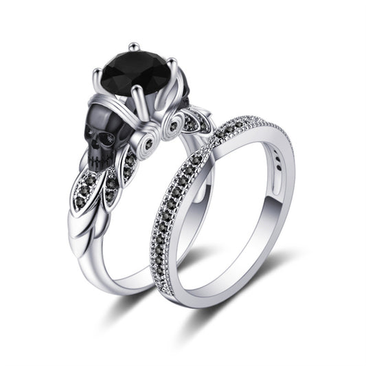 Black Crystal and Cubic Zirconia Skull Owl Ring Set, jewelry gift sets for women, everyday style, front view