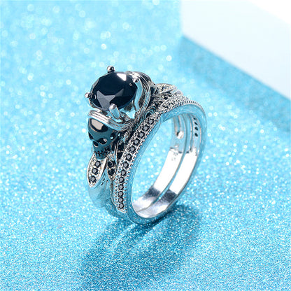 Black Crystal and Cubic Zirconia Skull Owl Ring Set, jewelry gift sets for women, everyday style, detail close-up