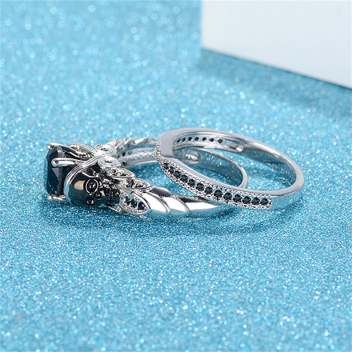 Black Crystal and Cubic Zirconia Skull Owl Ring Set, jewelry gift sets for women, everyday style, styled look
