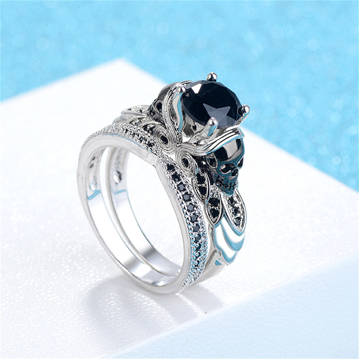 Black Crystal and Cubic Zirconia Skull Owl Ring Set, jewelry gift sets for women, everyday style, side view