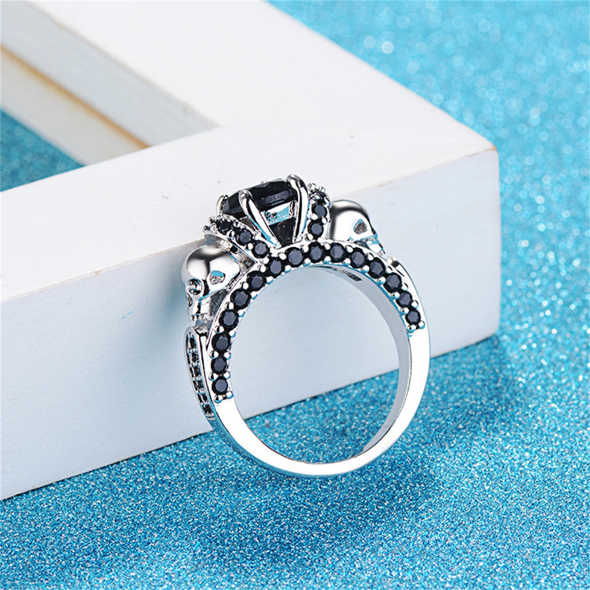 Black Crystal and Silver-Plated Skull Rose Ring, silver statement rings for women, botanical inspired, front view