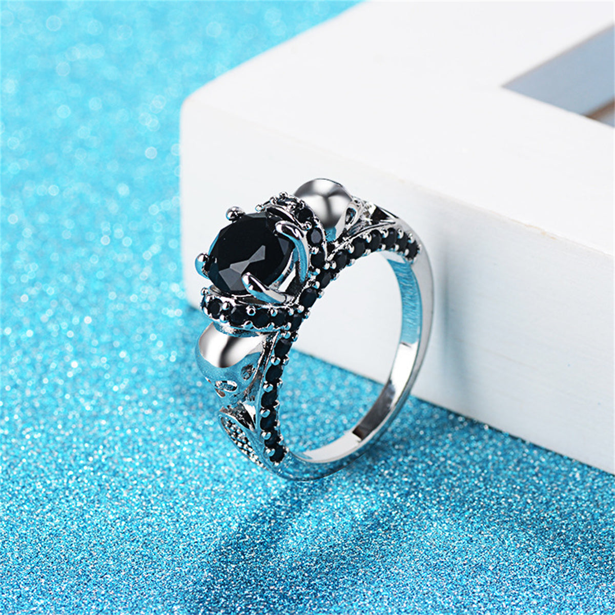Black Crystal and Silver-Plated Skull Rose Ring, silver statement rings for women, botanical inspired, detail close-up