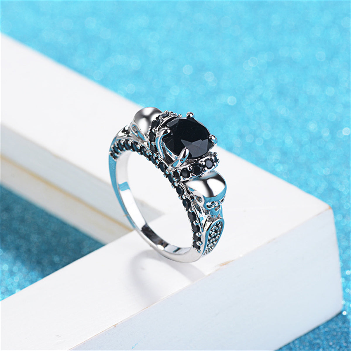 Black Crystal and Silver-Plated Skull Rose Ring, silver statement rings for women, botanical inspired, lifestyle look