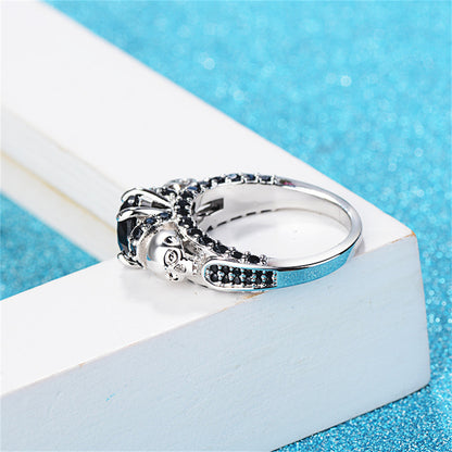 Black Crystal and Silver-Plated Skull Rose Ring, silver statement rings for women, botanical inspired, styled look