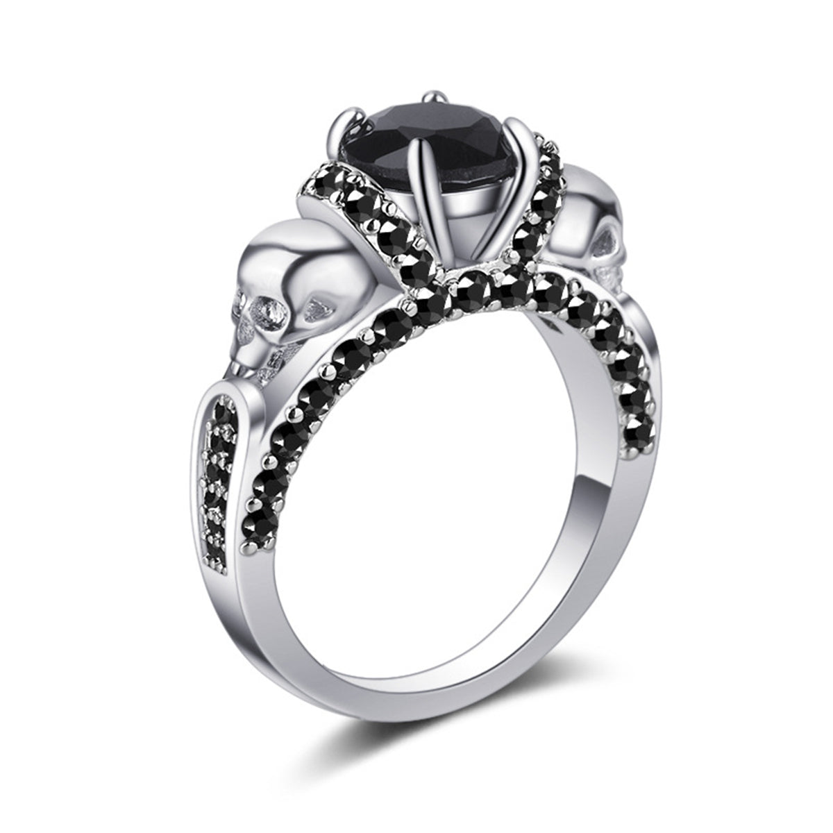 Black Crystal and Silver-Plated Skull Rose Ring, silver statement rings for women, botanical inspired, side view