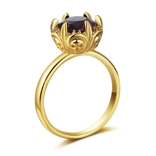 Black Crystal and Cubic Zirconia 18K Gold-Plated Skull Cocktail Ring, gold statement rings for women, front view