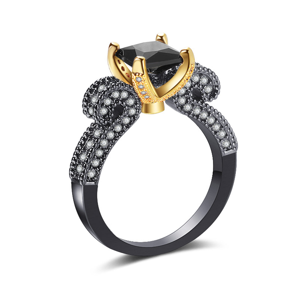 Black Crystal and Cubic Zirconia Princess-Cut Ring, statement rings for women, everyday style, front view