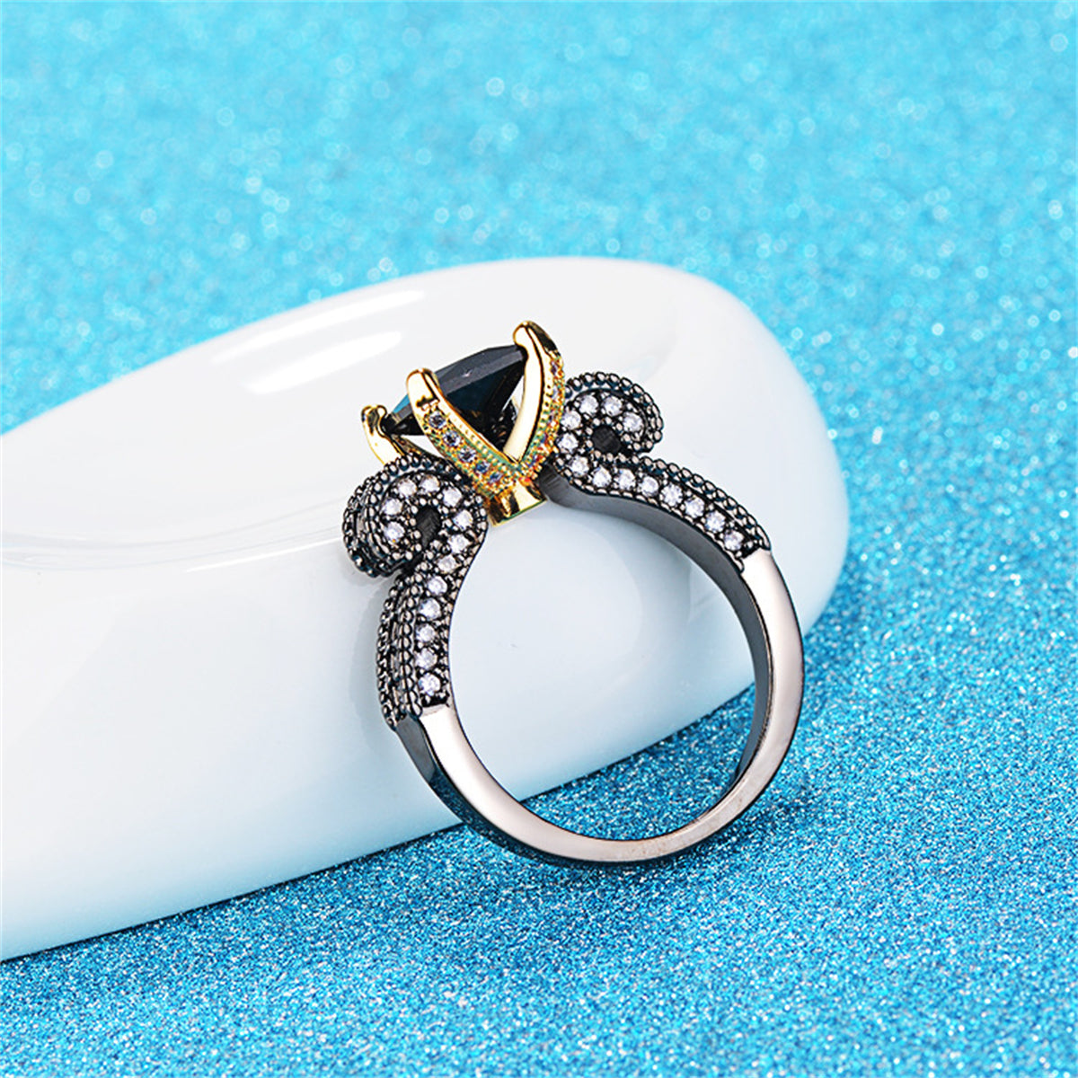 Black Crystal and Cubic Zirconia Princess-Cut Ring, statement rings for women, everyday style, styled look