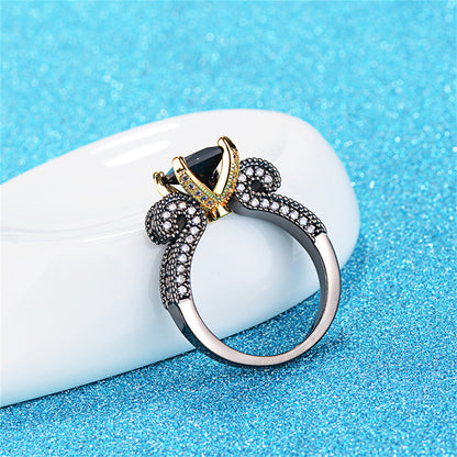 Black Crystal and Cubic Zirconia Princess-Cut Ring, statement rings for women, everyday style, styled look
