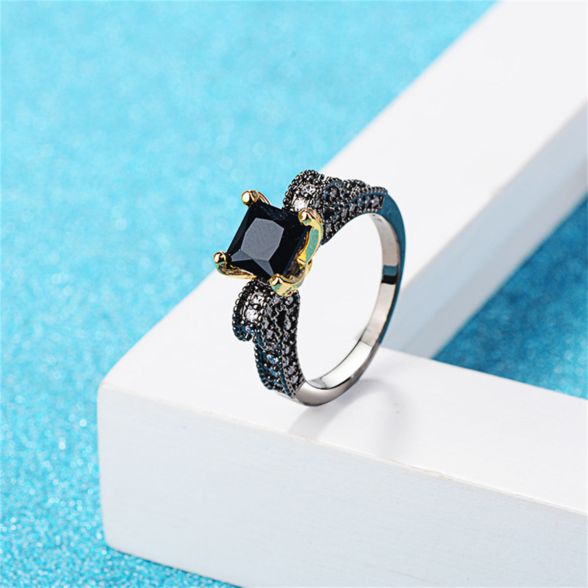 Black Crystal and Cubic Zirconia Princess-Cut Ring, statement rings for women, everyday style, side view