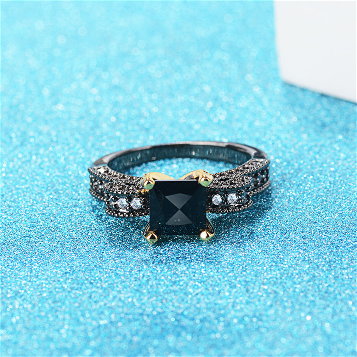 Black Crystal and Cubic Zirconia Princess-Cut Ring, statement rings for women, everyday style, detail close-up