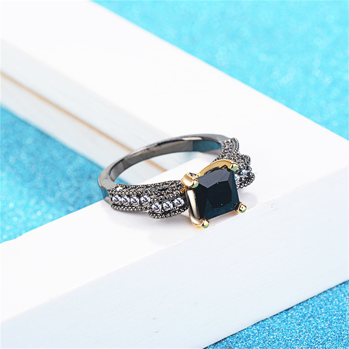 Black Crystal and Cubic Zirconia Princess-Cut Ring, statement rings for women, everyday style, lifestyle look
