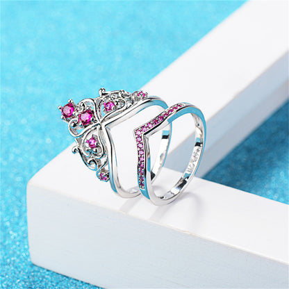 Rose Cubic Zirconia and Silver-Plated Stacked Crown Ring Set, jewelry gift sets for women, elegant gift for her, front view