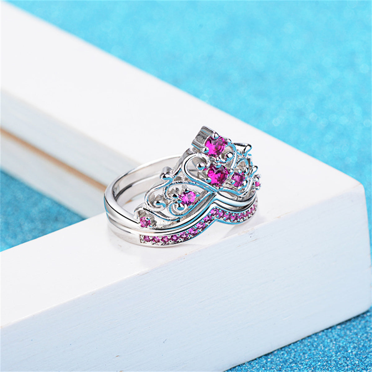 Rose Cubic Zirconia and Silver-Plated Stacked Crown Ring Set, jewelry gift sets for women, lifestyle look