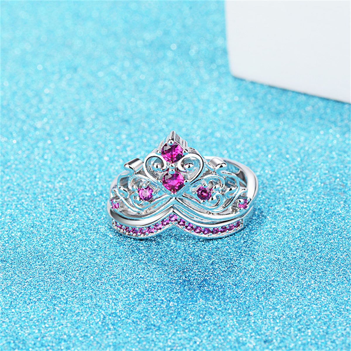 Rose Cubic Zirconia and Silver-Plated Stacked Crown Ring Set, jewelry gift sets for women, detail close-up