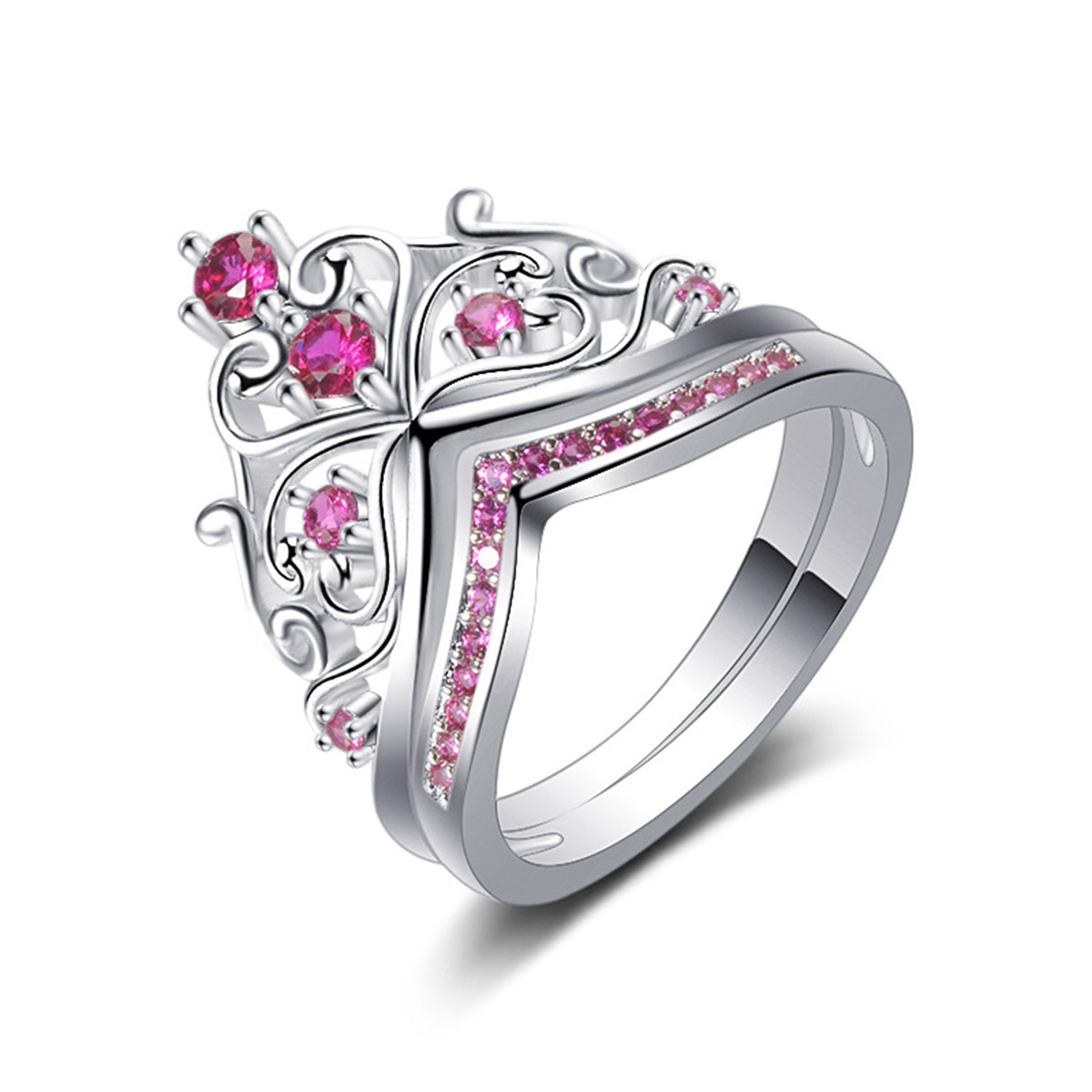 Rose Cubic Zirconia and Silver-Plated Stacked Crown Ring Set, jewelry gift sets for women, elegant gift for her, side view