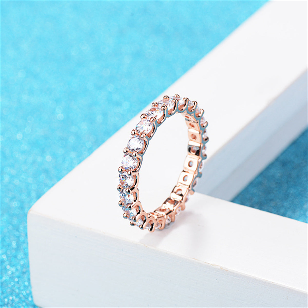 Clear Crystal and 18K Rose Gold-Plated Eternity Band Ring, rose gold statement rings for women, detail close-up