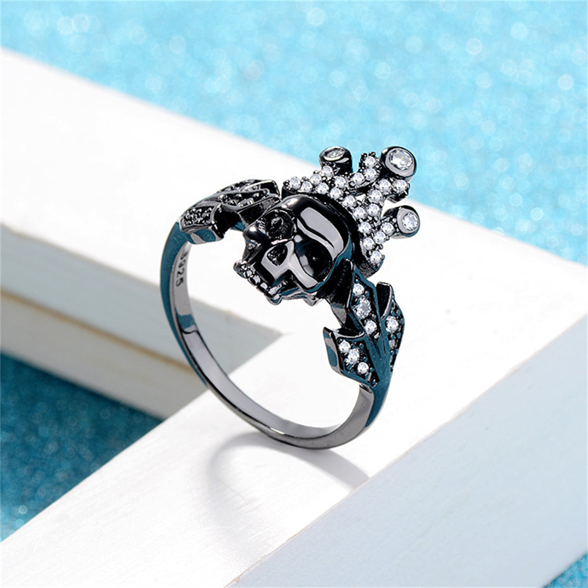 Cubic Zirconia and Black-Tone Crown Skull Ring, statement rings for women, vintage-inspired design, front view