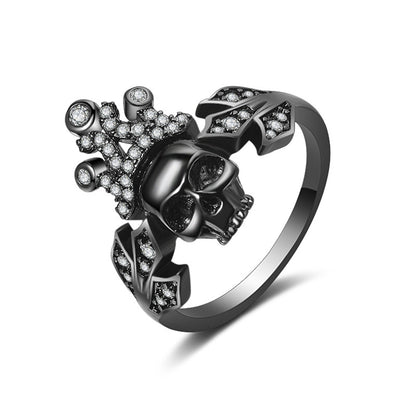 Cubic Zirconia and Black-Tone Crown Skull Ring, statement rings for women, vintage-inspired design, side view
