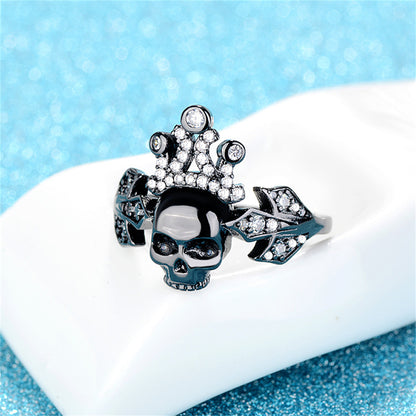 Cubic Zirconia and Black-Tone Crown Skull Ring, statement rings for women, vintage-inspired design, lifestyle look