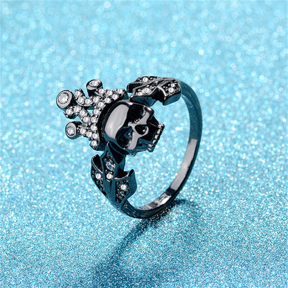 Cubic Zirconia and Black-Tone Crown Skull Ring, statement rings for women, vintage-inspired design, detail close-up