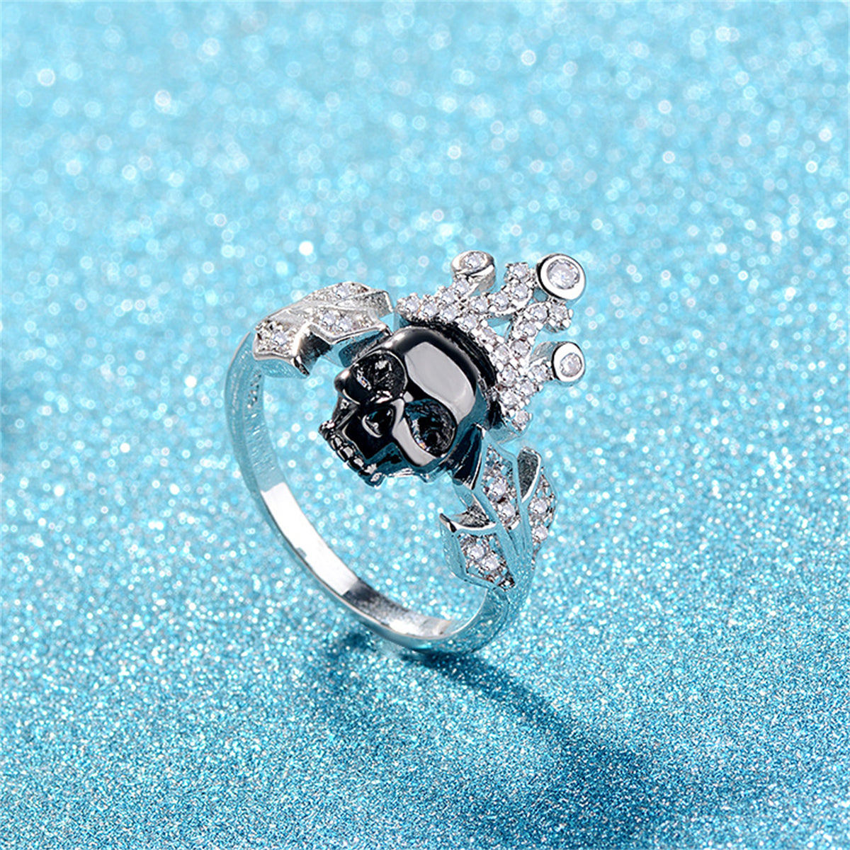Cubic Zirconia and Silver-Plated Crown Skull Ring, silver statement rings for women, vintage-inspired design, front view