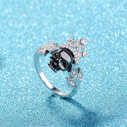 Cubic Zirconia and Silver-Plated Crown Skull Ring, silver statement rings for women, vintage-inspired design, front view