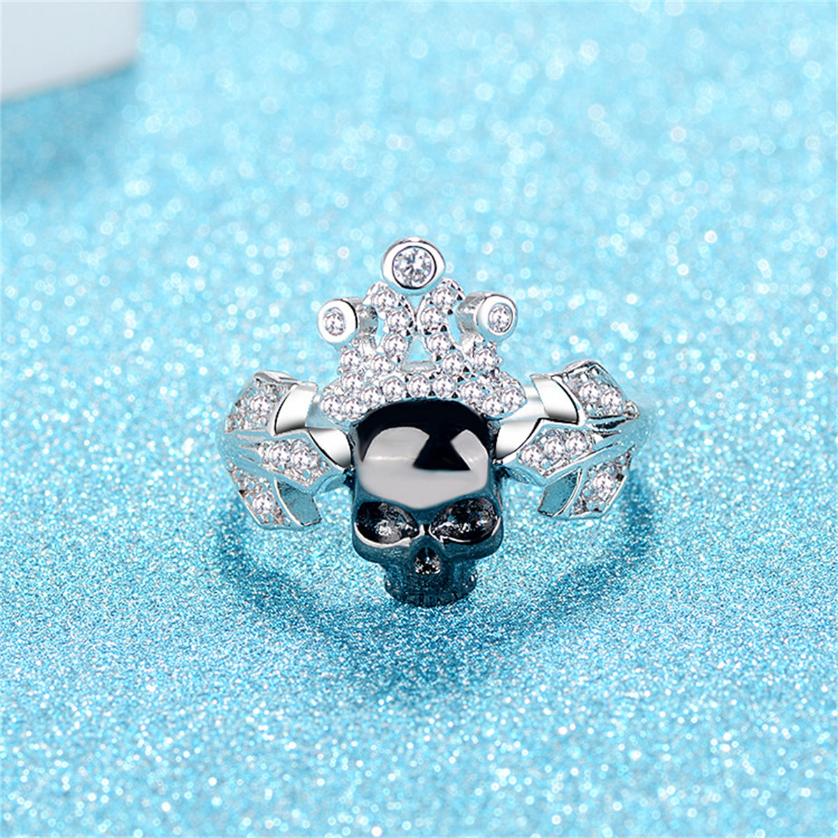 Cubic Zirconia and Silver-Plated Crown Skull Ring, silver statement rings for women, vintage-inspired design, detail close-up