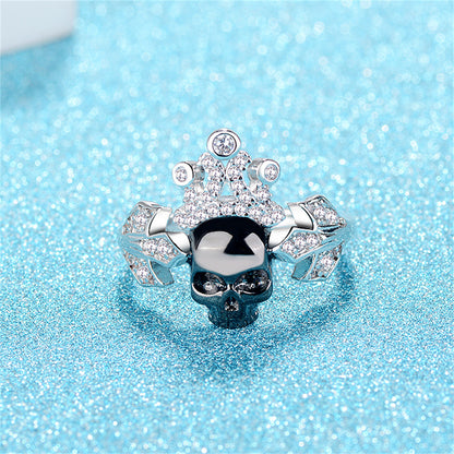 Cubic Zirconia and Silver-Plated Crown Skull Ring, silver statement rings for women, vintage-inspired design, detail close-up