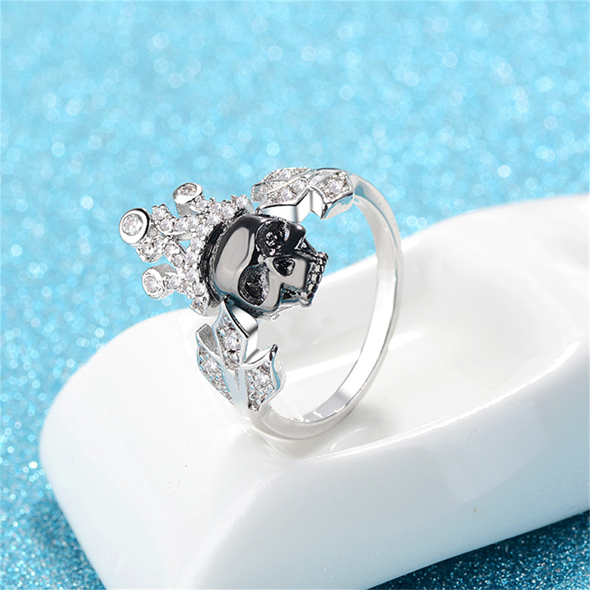 Cubic Zirconia and Silver-Plated Crown Skull Ring, silver statement rings for women, vintage-inspired design, lifestyle look