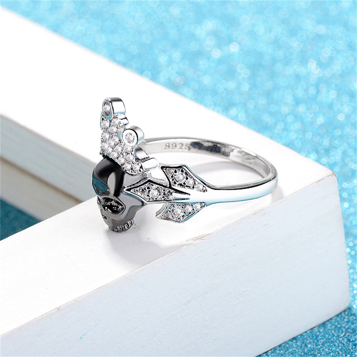 Cubic Zirconia & Silver-Plated Crown Skull Ring