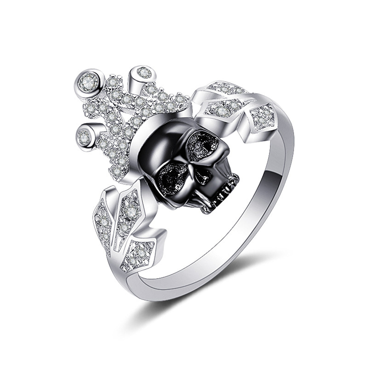 Cubic Zirconia and Silver-Plated Crown Skull Ring, silver statement rings for women, vintage-inspired design, side view