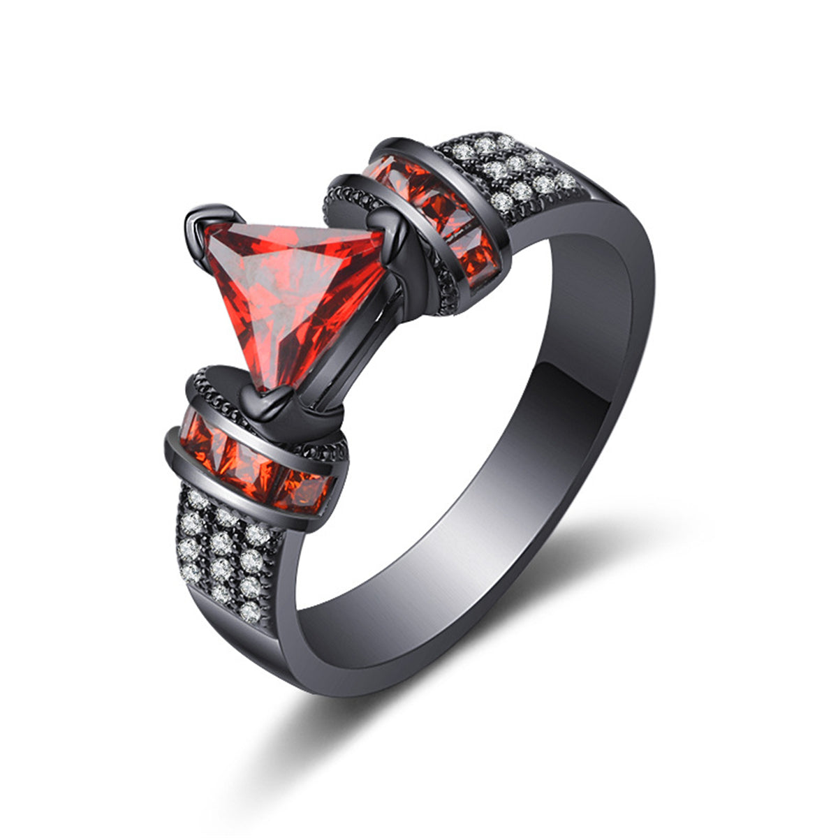 Red Crystal and Cubic Zirconia Triangle Ring, statement rings for women, vintage-inspired design, front view