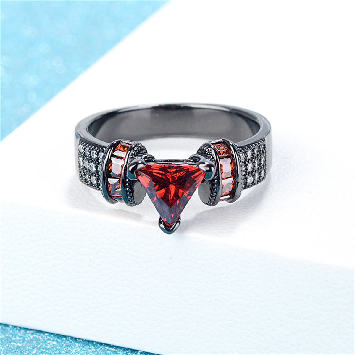 Red Crystal and Cubic Zirconia Triangle Ring, statement rings for women, vintage-inspired design, lifestyle look