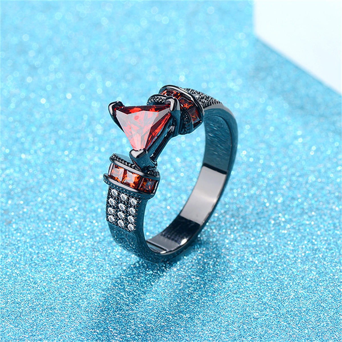 Red Crystal and Cubic Zirconia Triangle Ring, statement rings for women, vintage-inspired design, side view