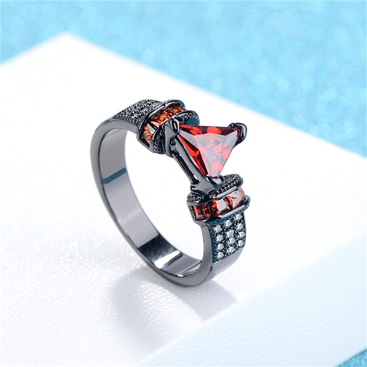 Red Crystal and Cubic Zirconia Triangle Ring, statement rings for women, vintage-inspired design, detail close-up