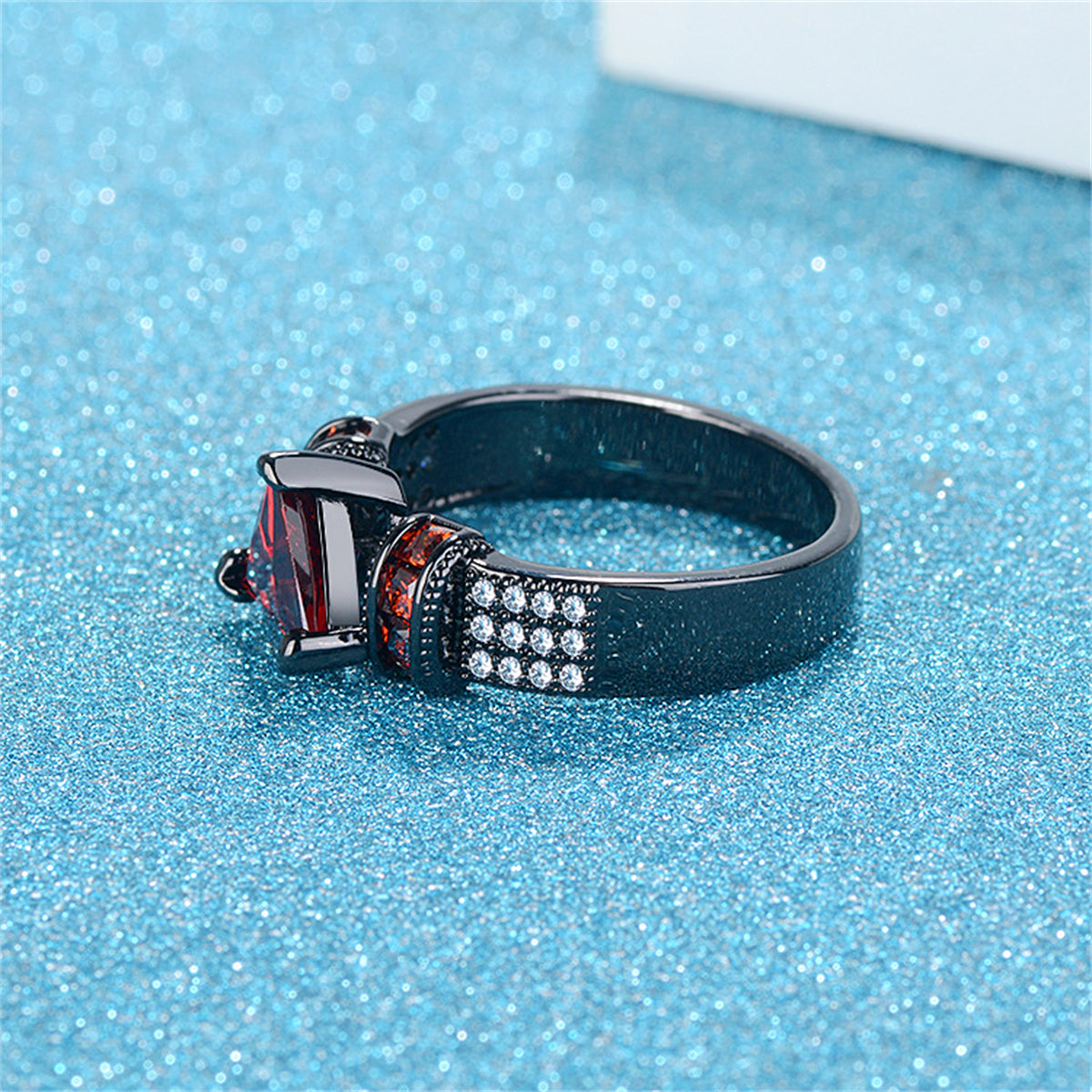 Red Crystal and Cubic Zirconia Triangle Ring, statement rings for women, vintage-inspired design, styled look