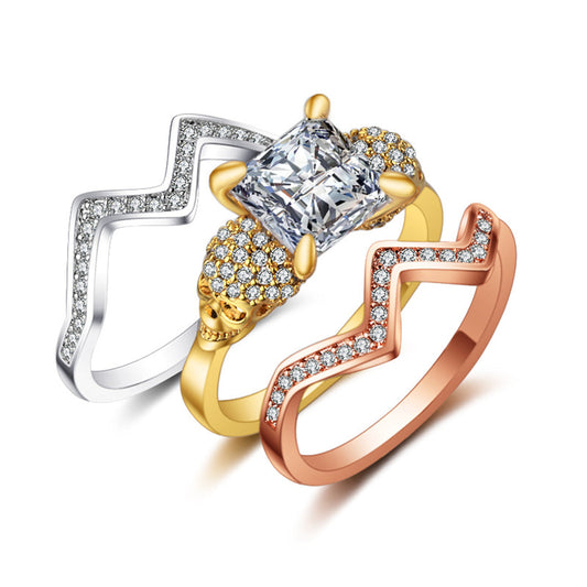 Crystal and Cubic Zirconia Tri-Tone Skull and Band Ring Set, jewelry gift sets for women, front view