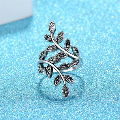 Cubic Zirconia and Silver-Plated Leaves Bypass Ring, silver statement rings for women, detail close-up