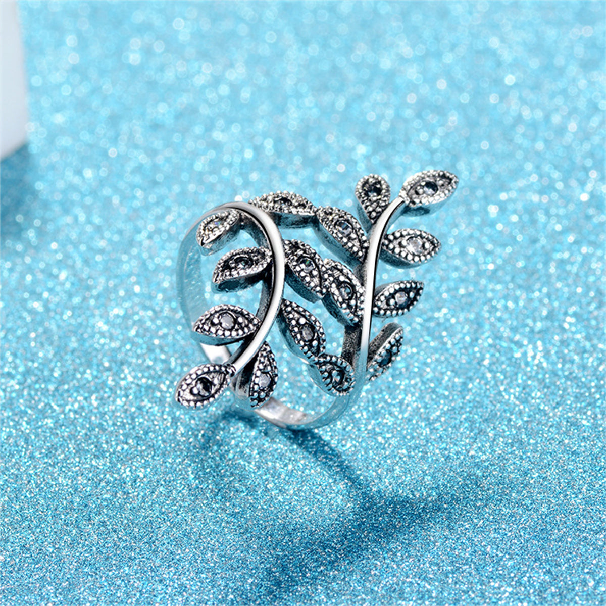 Cubic Zirconia and Silver-Plated Leaves Bypass Ring, silver statement rings for women, lifestyle look