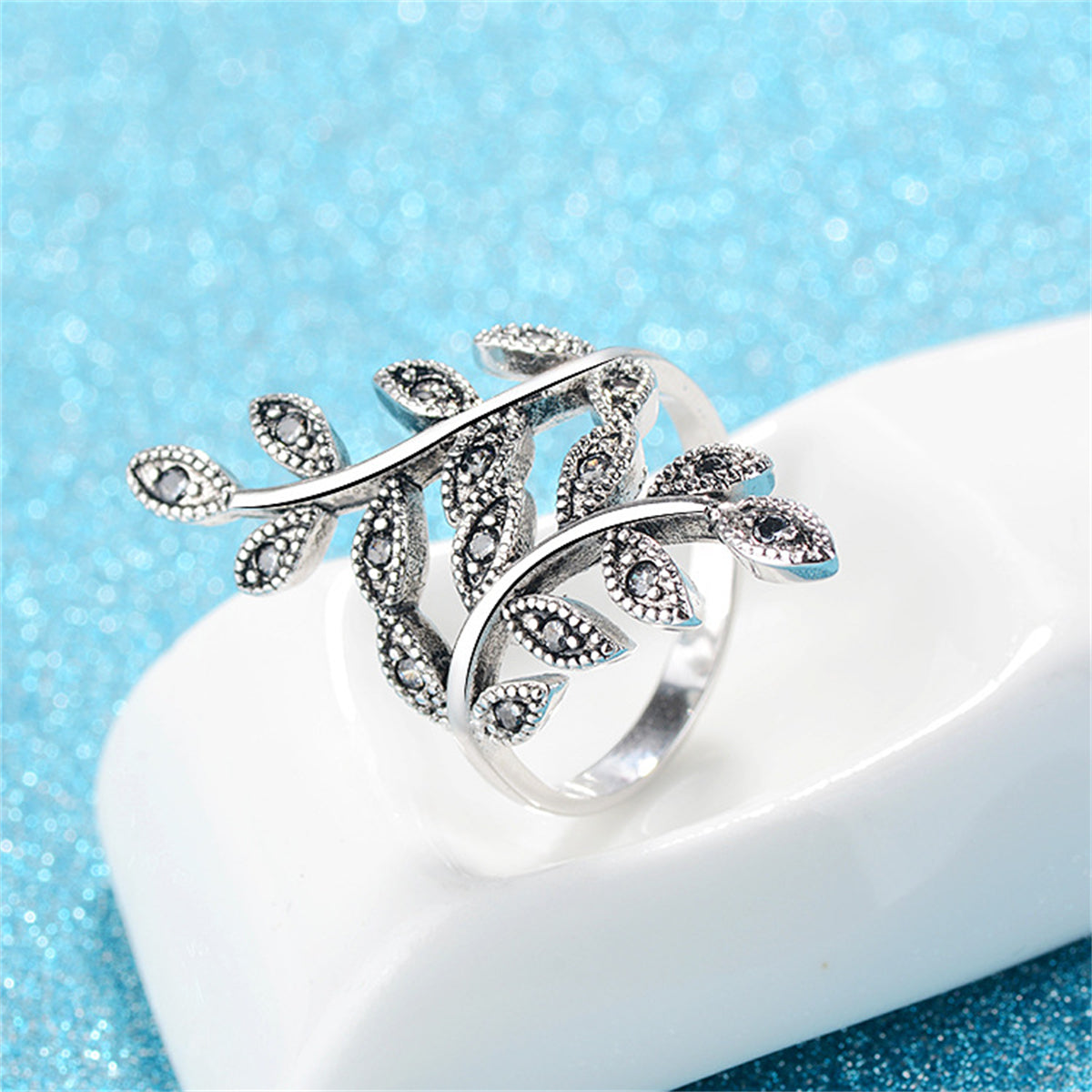 Cubic Zirconia and Silver-Plated Leaves Bypass Ring, silver statement rings for women, vintage-inspired design, side view