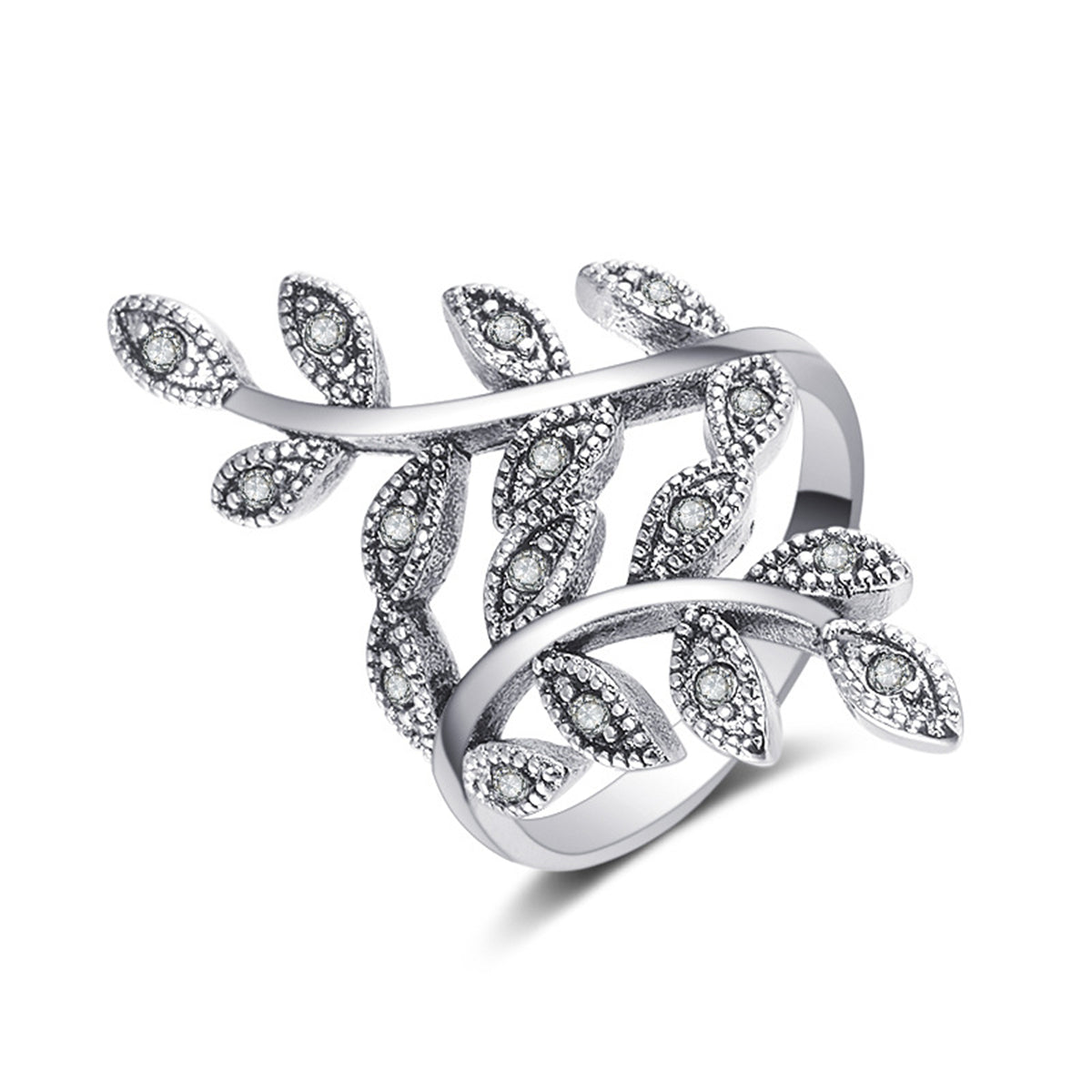 Cubic Zirconia and Silver-Plated Leaves Bypass Ring, silver statement rings for women, vintage-inspired design, front view