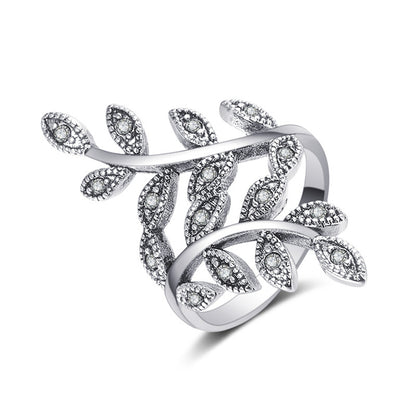 Cubic Zirconia and Silver-Plated Leaves Bypass Ring, silver statement rings for women, vintage-inspired design, front view
